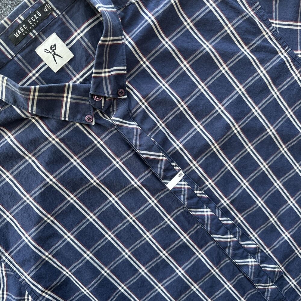 MARC ECKO Cut Sew +Me Shirt Mens Large Navy Blue Plaid XL Button Down